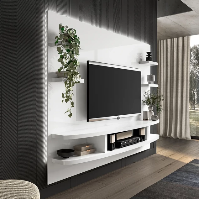 Fehér fali TV-panel oldalsó polcokkal – ST Wall Unit Day
