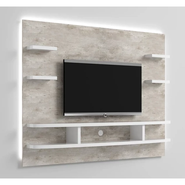 Szürke-fehér fali TV-panel oldalsó polcokkal – ST Wall Unit Day
