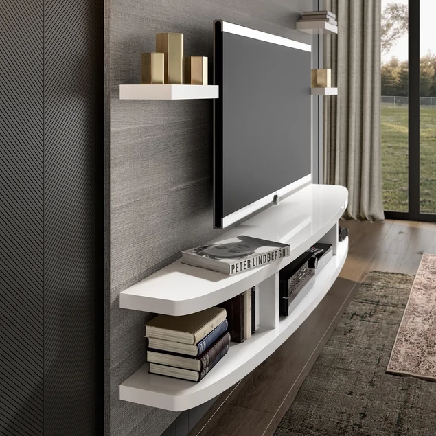 Világos tölgy fali TV-panel oldalsó polcokkal – ST Wall Unit Day